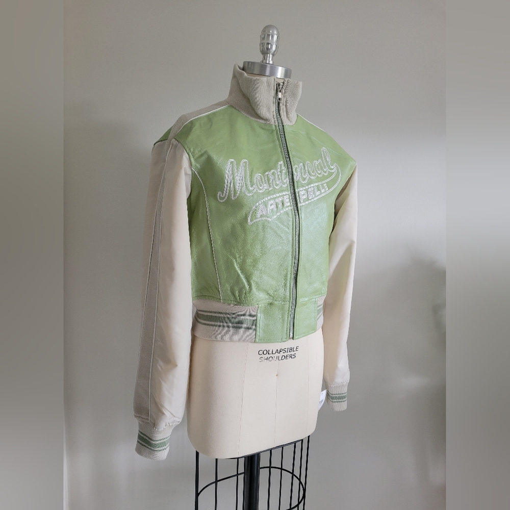 BNWT cropped "Montreal" leather bomber jacket vintage style in green and cream